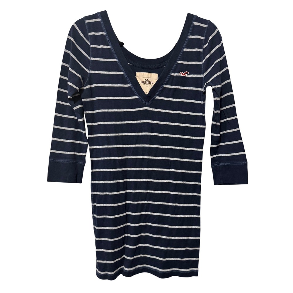 y2k Hollister Striped Half Sleeve Top Sz Large Navy Logo V Neck